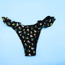 Victorias Secret Medium Black Floral Lemons Thong Ruffle Bikini Bottom Swimwear