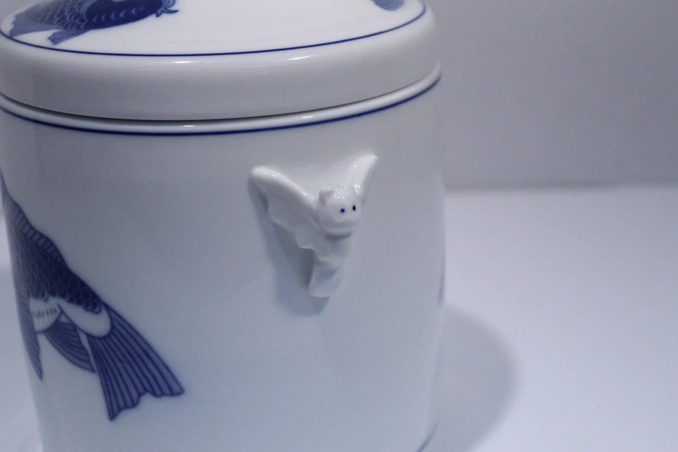 Carrito de té de porcelana de jade blanco chino Cheng’s tarro koi carpa pescado 2 tapas Foto 4 de 4