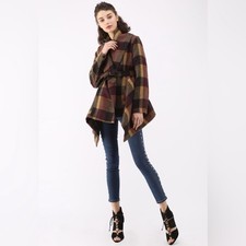 Chicwish Prairie Check Rabato Coat 12/14 Wool Blend Wrap Coat Short Trench Plaid