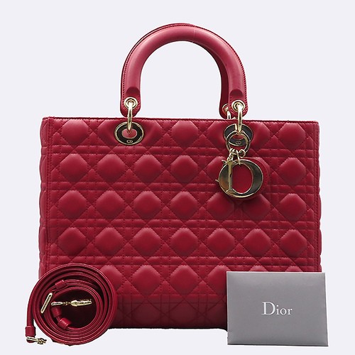 Dior Red Lambskin Quilted Lady Dior Gold Tone Large Tote Bag 2-Way