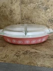 Vintage PYREX- 1 1/2 Quart Cinderella Oval Divided Serving Dish Pink Daisy 1950s