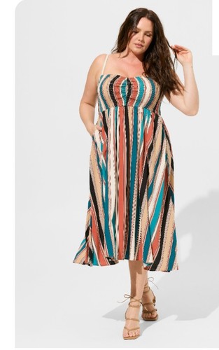 Torrid Midi Challis Sweetheart Smocked Bust Dress Striped Multicolor 1 1X 14-16