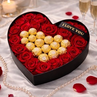 Ferrero Rocher Valentine's Day Heart Gift Box Red Roses Chocolates Gold Black