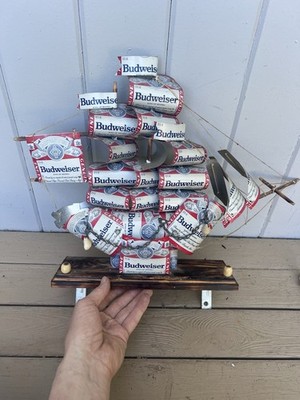 Vtg Budweiser Beer Can Pirate Ship Handmade Decoration Man Cave Folk Art Boat