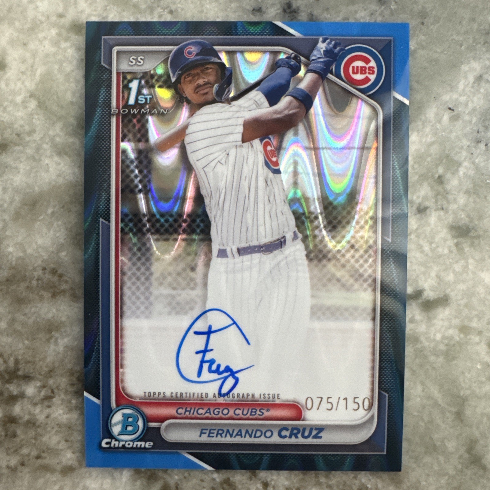 Fernando Cruz 2024 Bowman Chrome 1st Raywave Blue Refractor Auto RC /150 Cubs