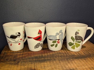 Set of 4 Jane Dixon Crate & Barrel Marin Birds Mugs Nature  Set  Coffee Cups