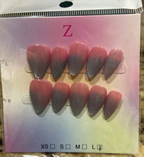 Long Coffin Press-On Nails Pink/Gray Ombre Pre-Designed Set for Finger