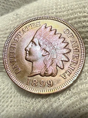 1899/9  Indian Head Cent Penny, Beautiful Gem Lustrous AU+Toned W/ Die Stress