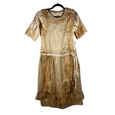 Antique 1920s Silk Wedding Dress Ivory Lace Sheer Overlay Rose Wounded Bird