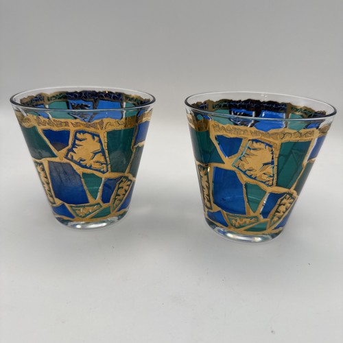 2 Vtg George Briard Europa Old Fashion Lowball Glasses 22k Gold/Blue - Read Desc