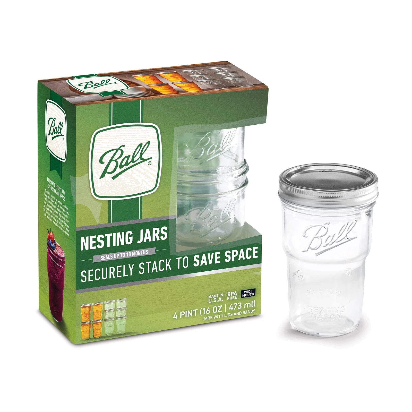 Ball 16oz Mason Jar Drinking Glasses 4-Pack, Wide Mouth Pint Canning Jars for Serving and Gifting, Stackable Glass Jars with Lids for Smoothies and Iced Coffee - Thumbnail 3