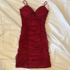 Valentine Date Perfect Windsor Red Mesh Polka Dot Ruched Bodycon Mini Dress 