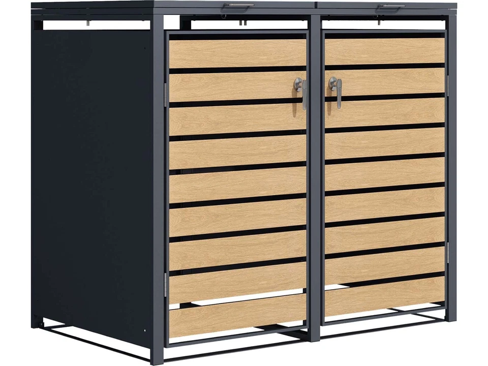 SCHARTEC Mülltonnenbox 2er Metall Holz 240l Mülltonnenhaus Mülltonnenverkleidung - Bild 4 von 4