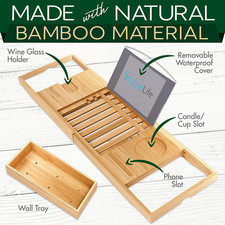 Bamboo Bathtub Caddy Tray Adjustable Bath Organizer with Book Wine Holder