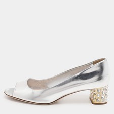 Miu Miu Silver Leather Crystal Embellished Block Heel Peep Toe Pumps Size 38.5