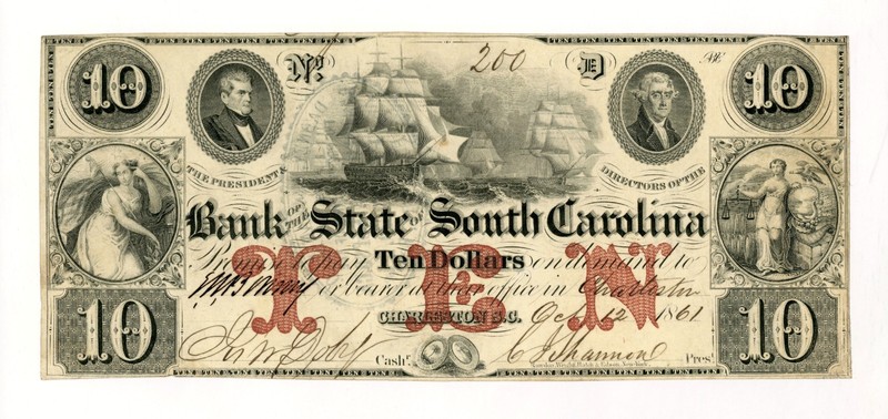 1861 $10 The Bank of the State of SOUTH CAROLINA Note - CIVIL WAR Era