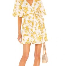 Faithfull The Brand Rooney Wrap Mini Linen Dress Linden Floral L Yellow Boho