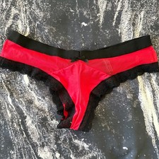 Victoria's Secret Red and Black Mesh Lace Trim Cheeky Panty