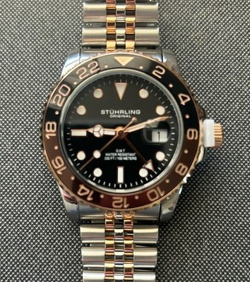 Stührling Original Men's GMT  Root Beer  Black Dial Two-Tone Brand new