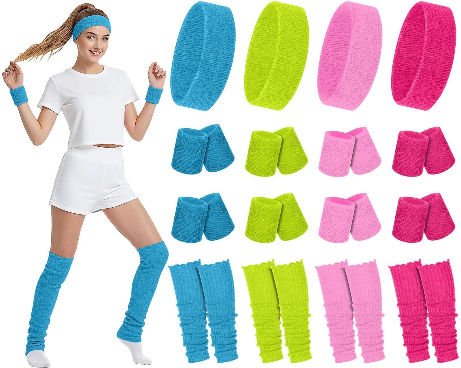 4 Set 80s Leg Warmers for Women Men 80s 90s Accessories Neon Headband Wristba...
