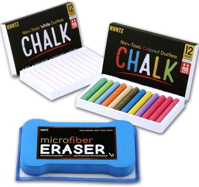 Huntz Dustless Chalk With Microfiber Eraser (Washable & Reusable) (12 White C...