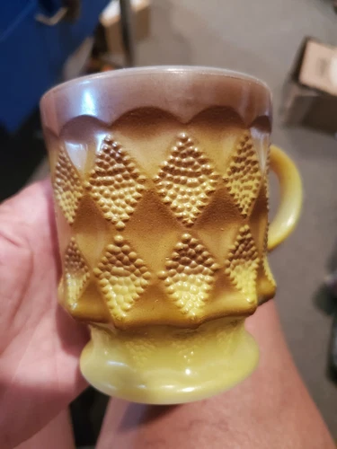 1 vtg Anchor Hocking Fire King KIMBERLY Diamond coffee mug yellow mustard brown