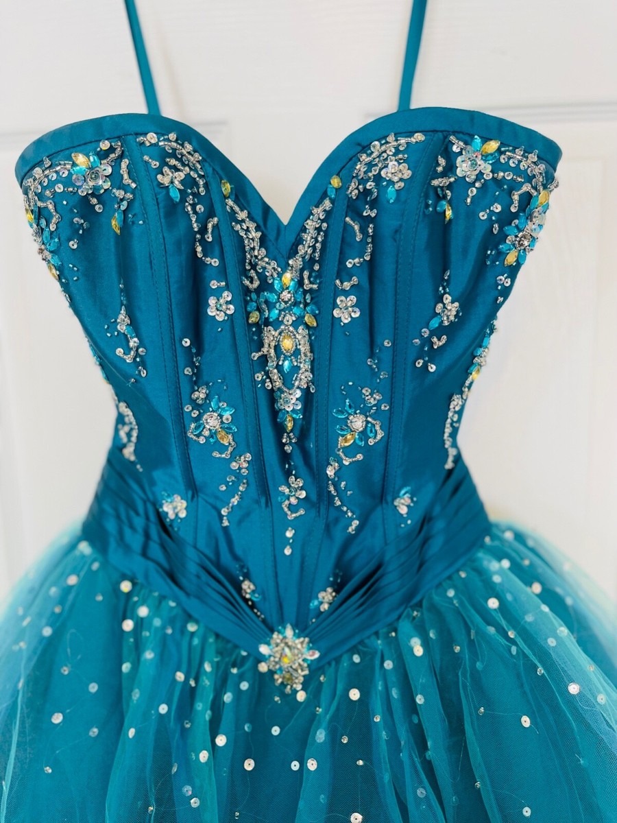 Mori Lee Prom Dress Cocktail Teal Blue Tulle Rhinestone Corsette Size S |  eBay