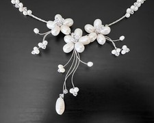 Bridal White Freshwater Cultured Pearl Bouquet Flower Stainless Steel Necklace