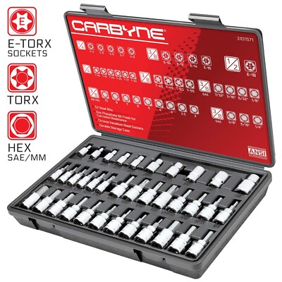 CARBYNE 36 Piece Hex, Torx Bit Socket & E-Torx Socket Set, S2 Steel | 1/4'', 3...