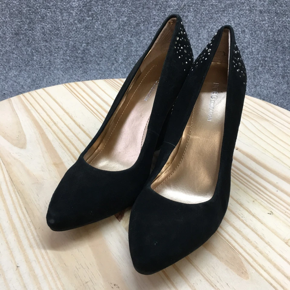 BCBGeneration 高跟鞋女式 8.5 B Ehra 铆钉一脚蹬楔形高跟鞋黑色麂皮绒 — 第 3/4 张图片