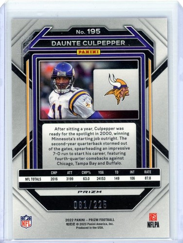 DAUNTE CULPEPPER - Vikings - 2022 Panini Prizm Purple Ice 61/225 - Picture 2 of 2