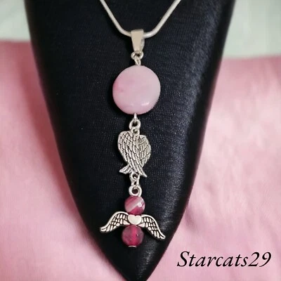 Pink Agate Guardian Angel Protection Love Necklace - With Gift Pouch! - Image 1 of 3