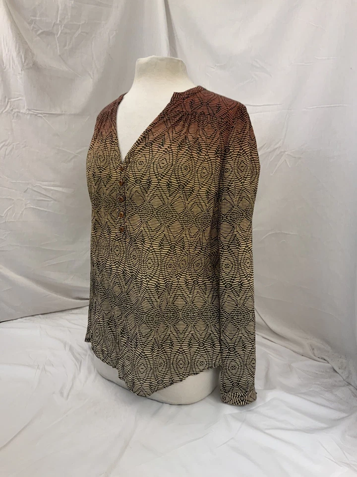 Blusa Diane von Furstenberg 4 Tostado Negro Tejido Seda Botón Manga 3/4 YGI S1-188 Foto 4 de 4