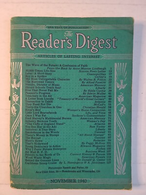 READER'S DIGEST November 1940 Eddie Cantor Edwin Muller Burton Rascoe E. J. Kahn