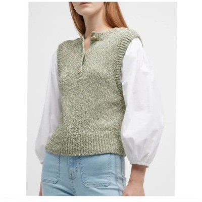 Veronica Beard Shawnet Mixed Media Pullover Sweater Green White NWT M