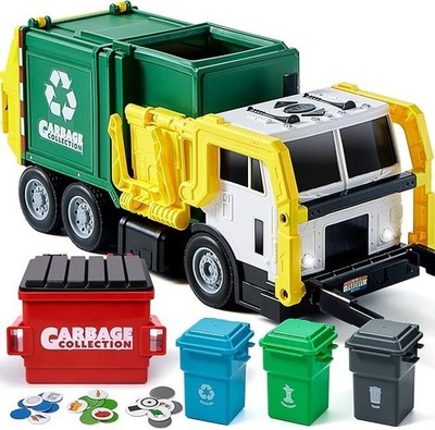 JOYIN Large Friction Powered Garbage Truck Toy Set, Includes Dumpster, Trash Bin