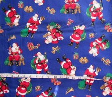 1 yd 100 Cotton Fabric Blue with Santa, Christmas Presents, Candy Horns