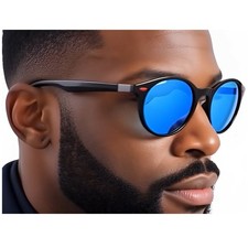 Mens Round Sunglasses Polarized Blue Mirror Lenses Black Frame Sporty Style 2026
