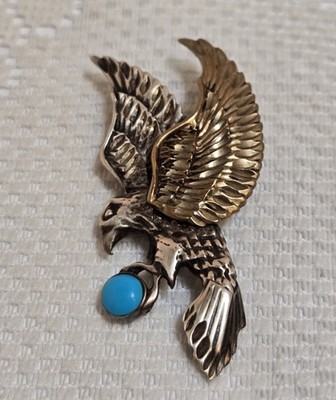 Vintage Anhänger Silber und Messing mit Türkis Adler leicht 