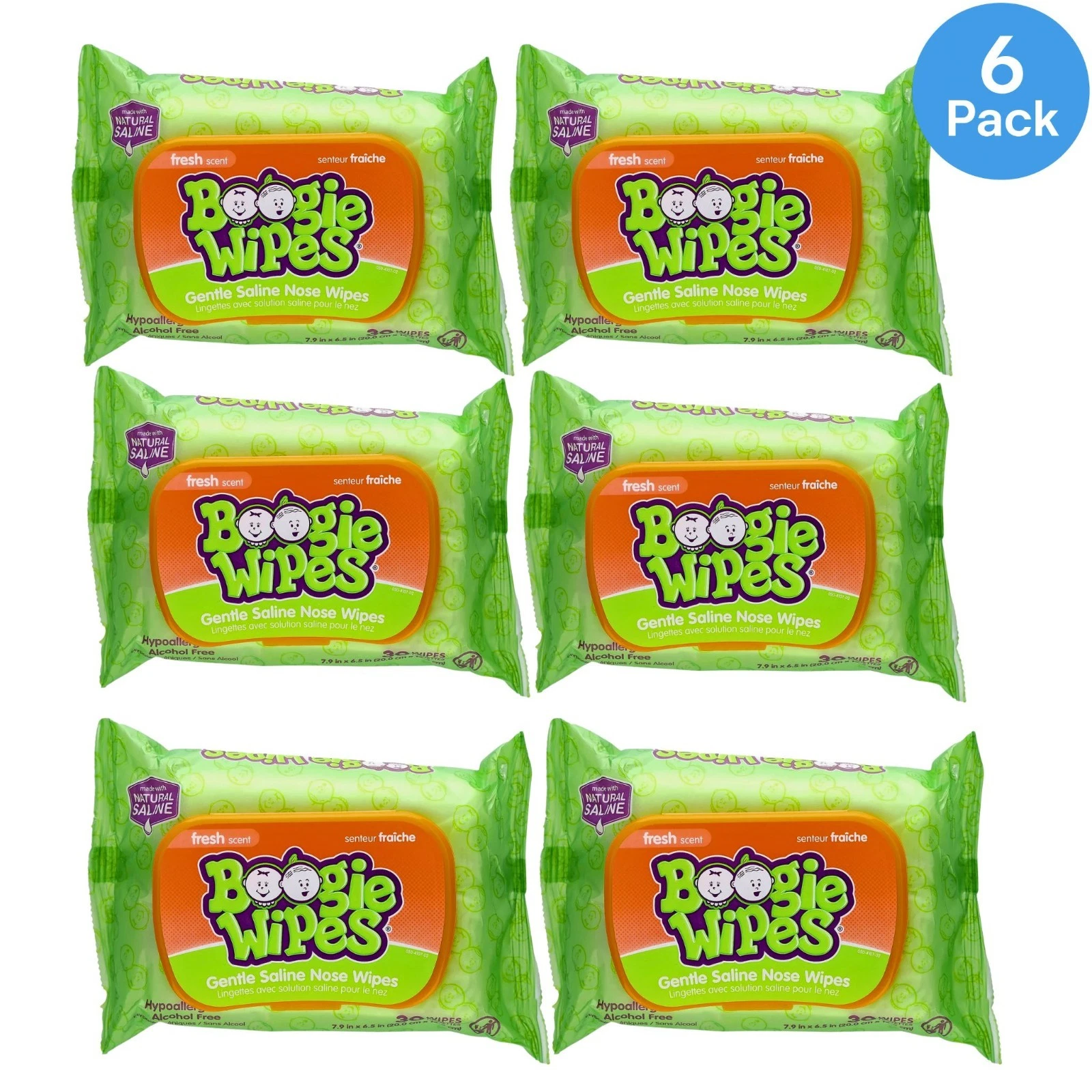 Boogie Wipes Saline Nose Wipes Fresh Scent 30ct Each 6 Pack New