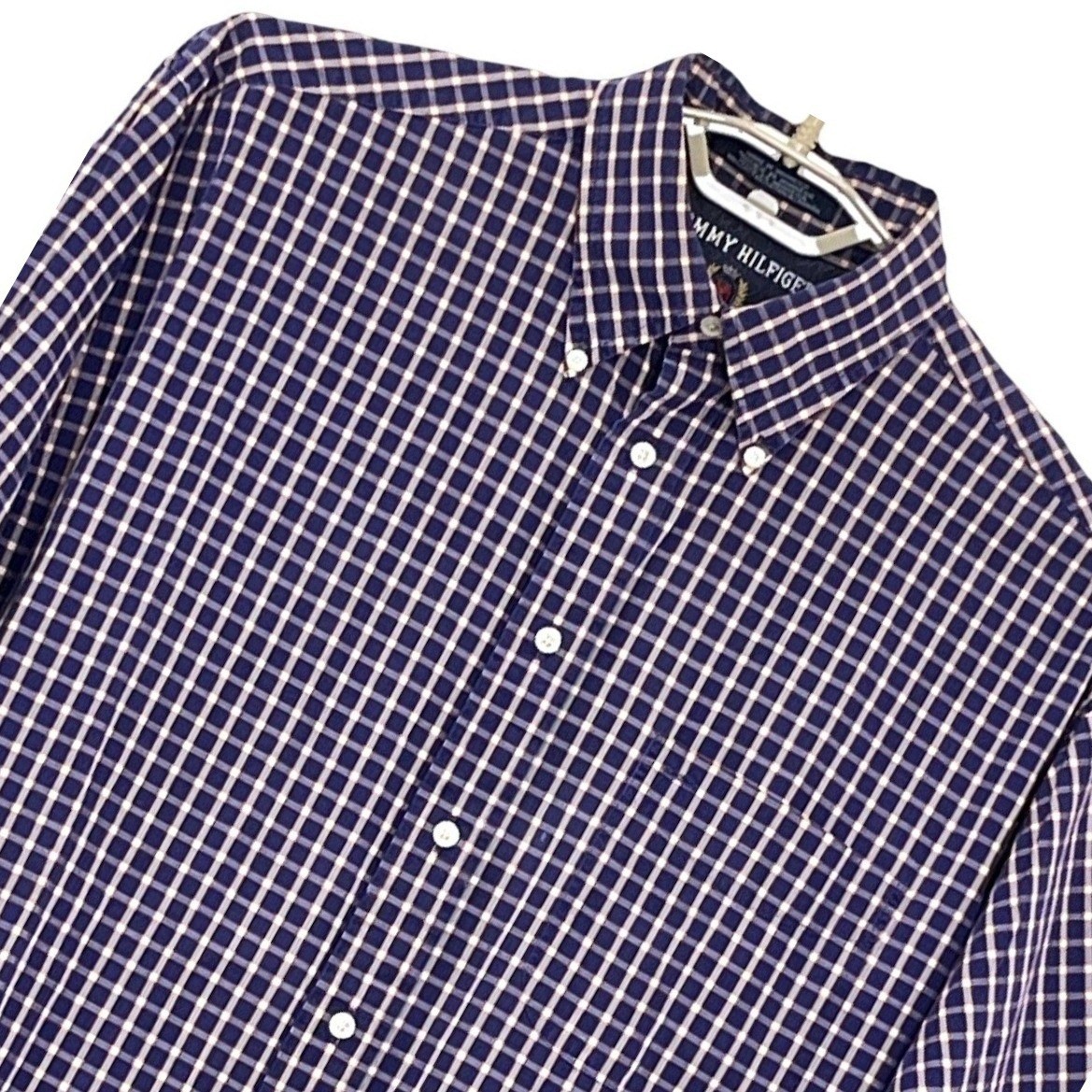 Tommy Hilfiger Mens Shirt L Blue Purple Check Long Sleeve Crest Logo 90s Vintage