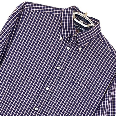 Tommy Hilfiger Mens Shirt L Blue Purple Check Long Sleeve Crest Logo 90s Vintage