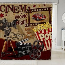 Retro Cinema Shower Curtain Movie Theater Theme Bathroom Shower Curtain Set f...