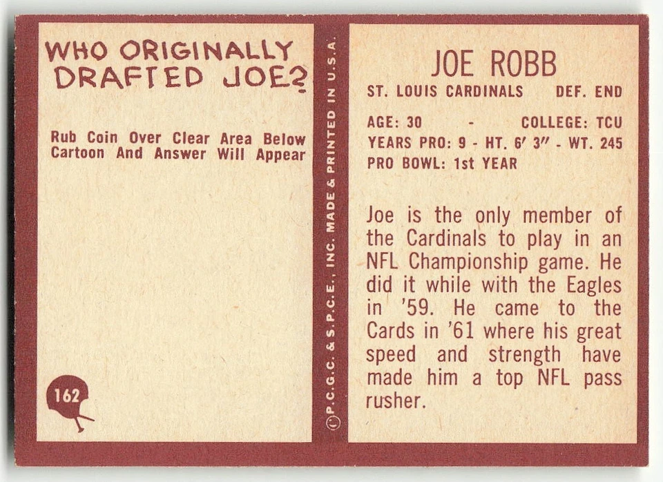 1967 Philadelphia #162 Joe Robb FOOTBALL St. Louis Cardinals - Image 2 of 2