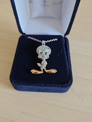Vintage Danbury Mint Rare Tweety Bird Rhinestone Necklace 16'' Adjustable