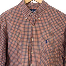 Ralph Lauren Mens Button Down Shirt 16.5 L Orange Blue Plaid Custom Fit Long Slv
