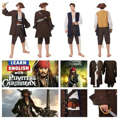 Jack Sparrow Pirates Caribbean Cosplay Costume Brown suit+Hat wig beard+Boots