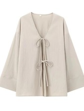 New Fashion Women's V Neck Top Casual Shirt with Bow Tie Long Sleeve Kimono UK