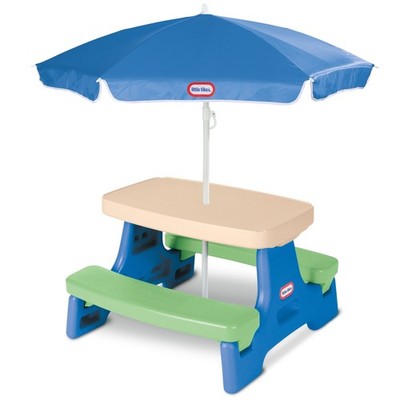 Little Tikes Outdoor Portable Kids Picnic Table with Umbrella, Blue Green, Ages 