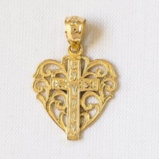 Ciondolo A Cuore Con Croce In Oro Giallo 14K, Fatto Negli USA